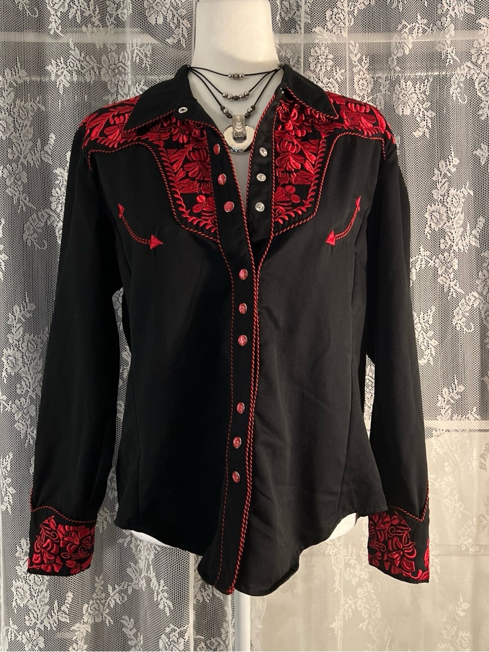 Scully Black Western Shirt with Red Floral Embroidery & Pearl Snaps Size L
